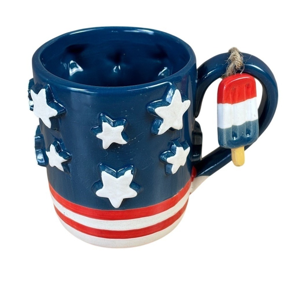 Mud Pie Coffee Mug‎ Blue Americana Stars & Stripes Popsicle Handle Charm